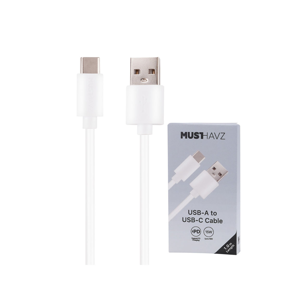 Cavo da USB-A a USB-C bianco e la sua scatola. Il cavo ha due connettori ed è lungo 1,0 m.