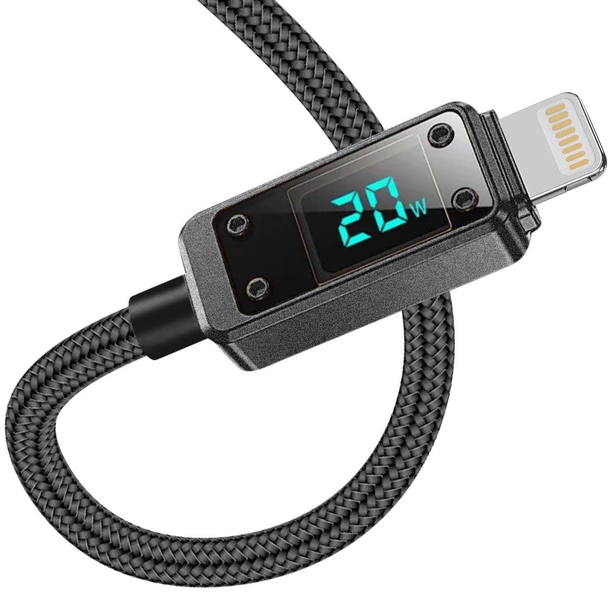 Un câble de chargement tressé noir avec un écran numérique affichant 20W.