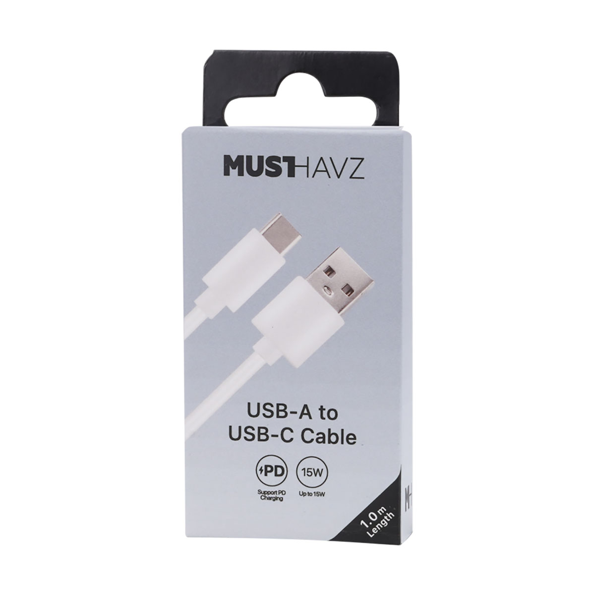 Scatola cavo MUSTHAVZ da USB-A a USB-C, mostra cavo bianco con estremità USB-A e USB-C.