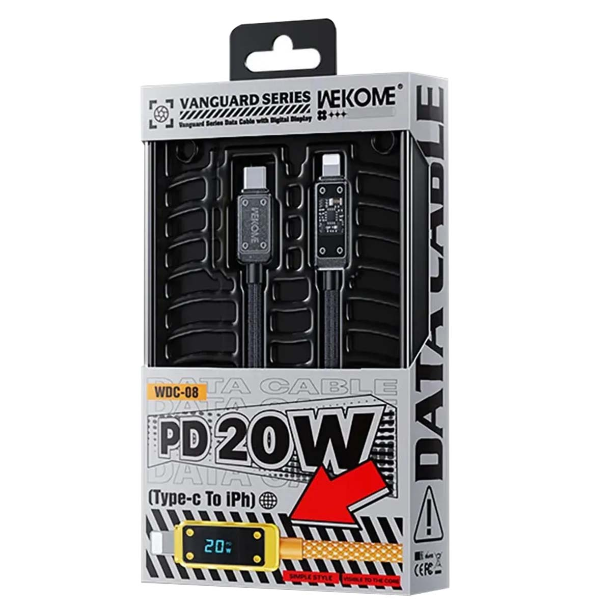 Emballage de câble de données WEKOME PD 20W (Type-C vers iPh) avec écran numérique.