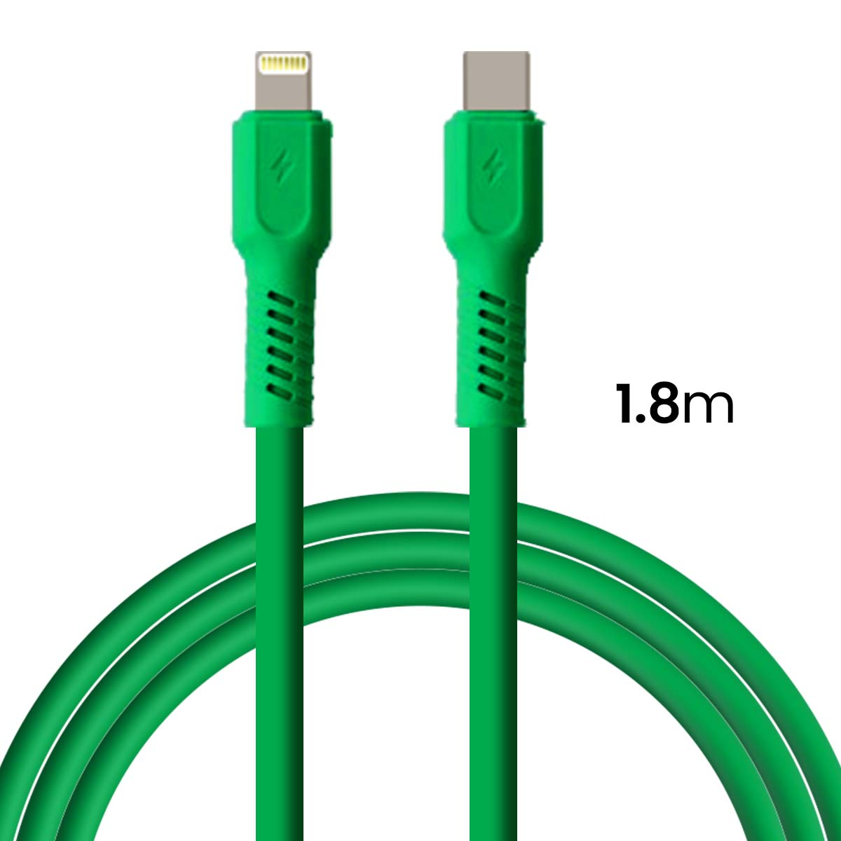 Câble de chargement vert de 1,8 m avec connecteurs USB-C et Lightning.