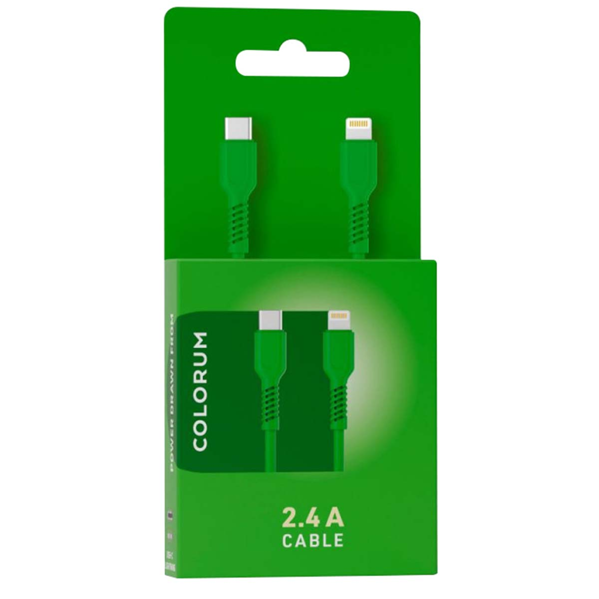 Emballage vert pour un set de câbles USB-C et Lightning 2,4 A.