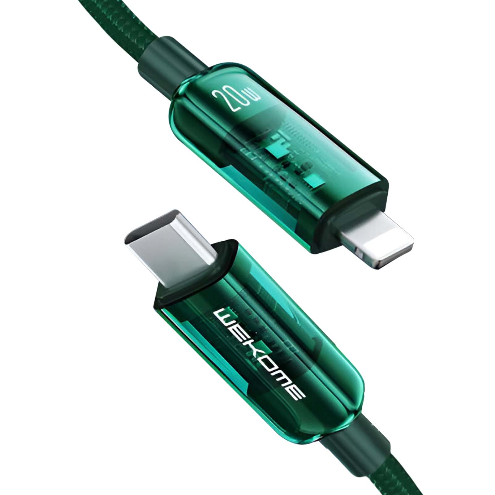 Un câble de chargement vert avec connecteurs USB-C et Lightning, 20W.
