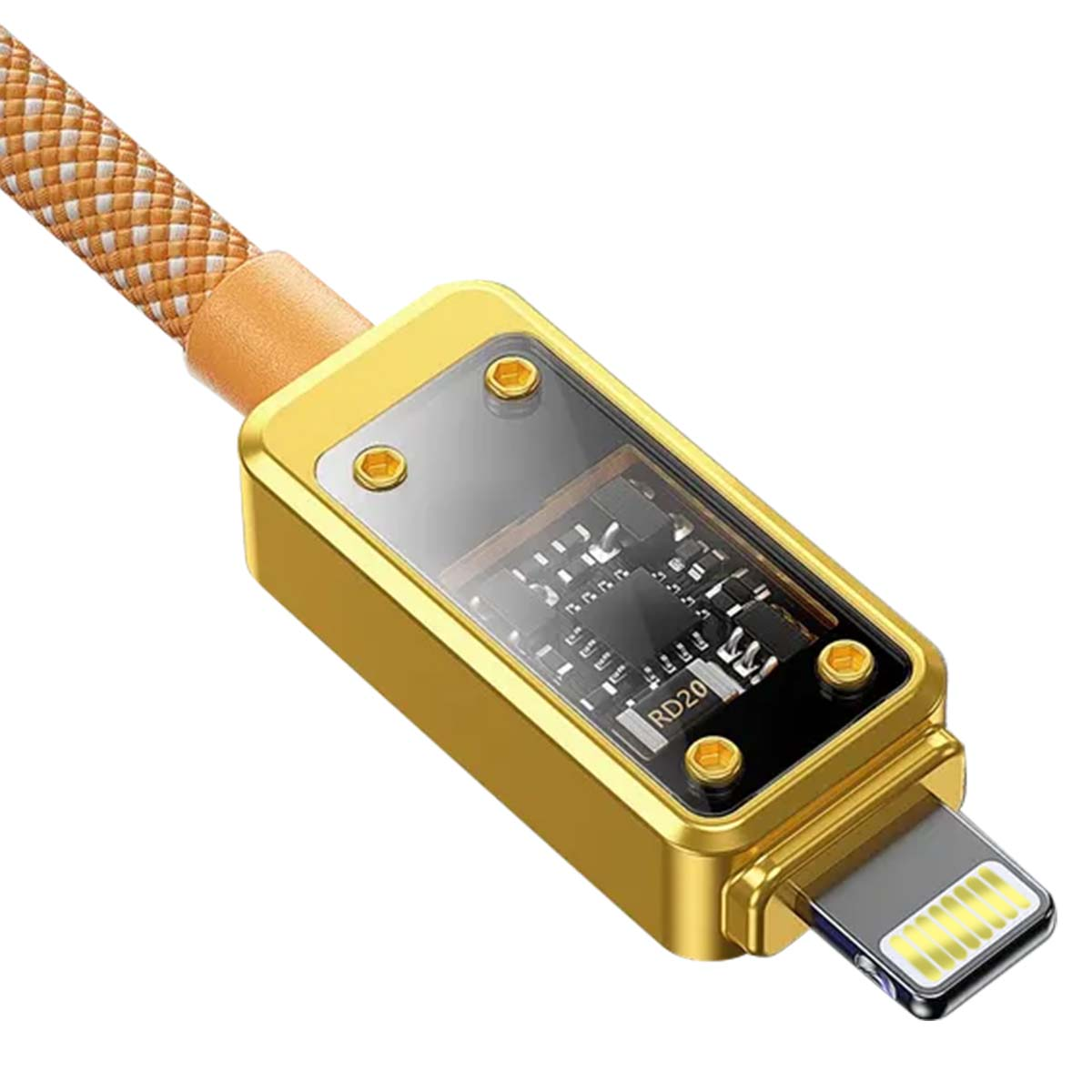 Connecteur de câble Lightning doré avec boîtier transparent révélant le circuit.