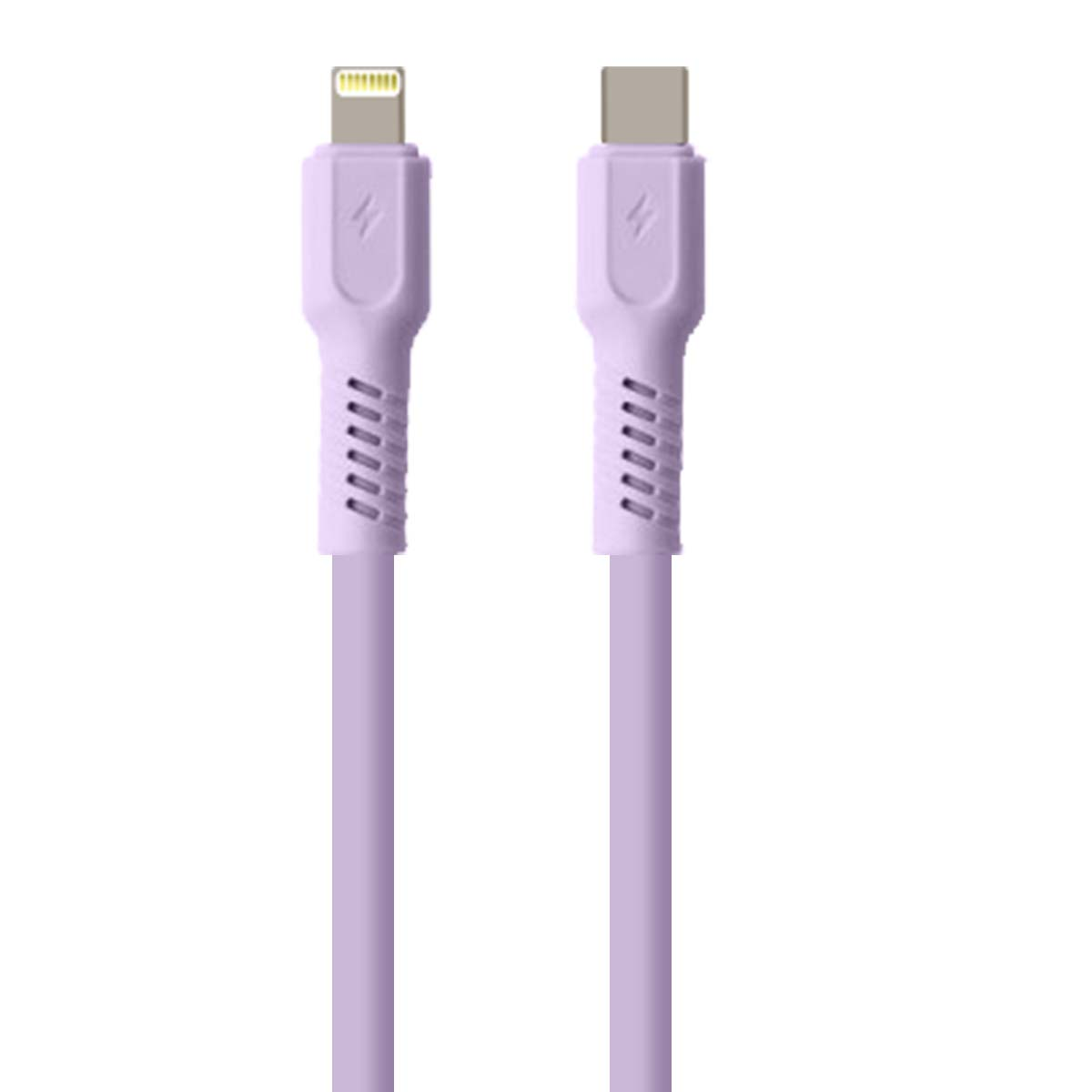 Deux câbles de chargement violets, un avec connecteur Lightning et un USB-C.