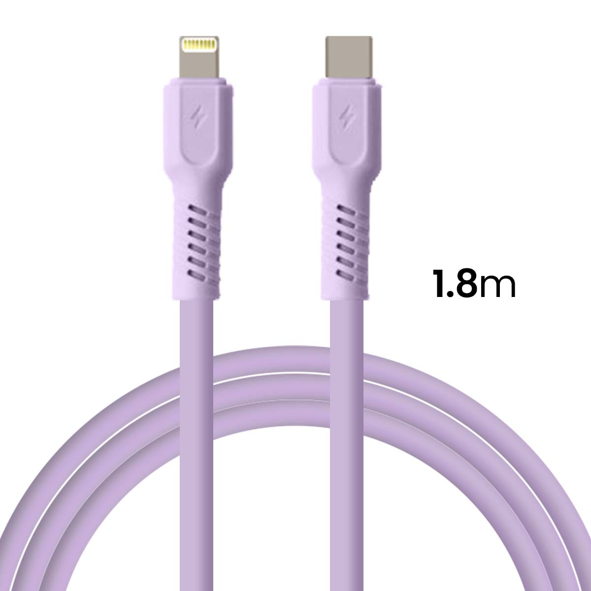 Un câble USB-C vers Lightning violet clair de 1,8 m avec poignées texturées.