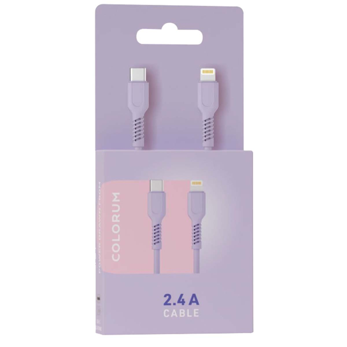 Emballage violet avec deux câbles USB-C et Lightning. Texte : 'COLORUM 2.4 A CABLE'.