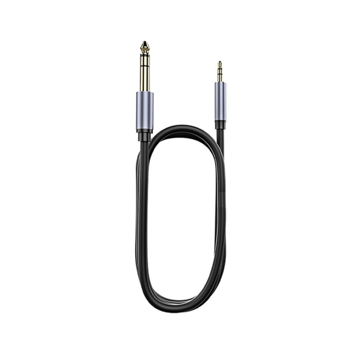 Ein schwarzes Audiokabel mit zwei verschiedenen Steckern, einem großen und einem kleinen.