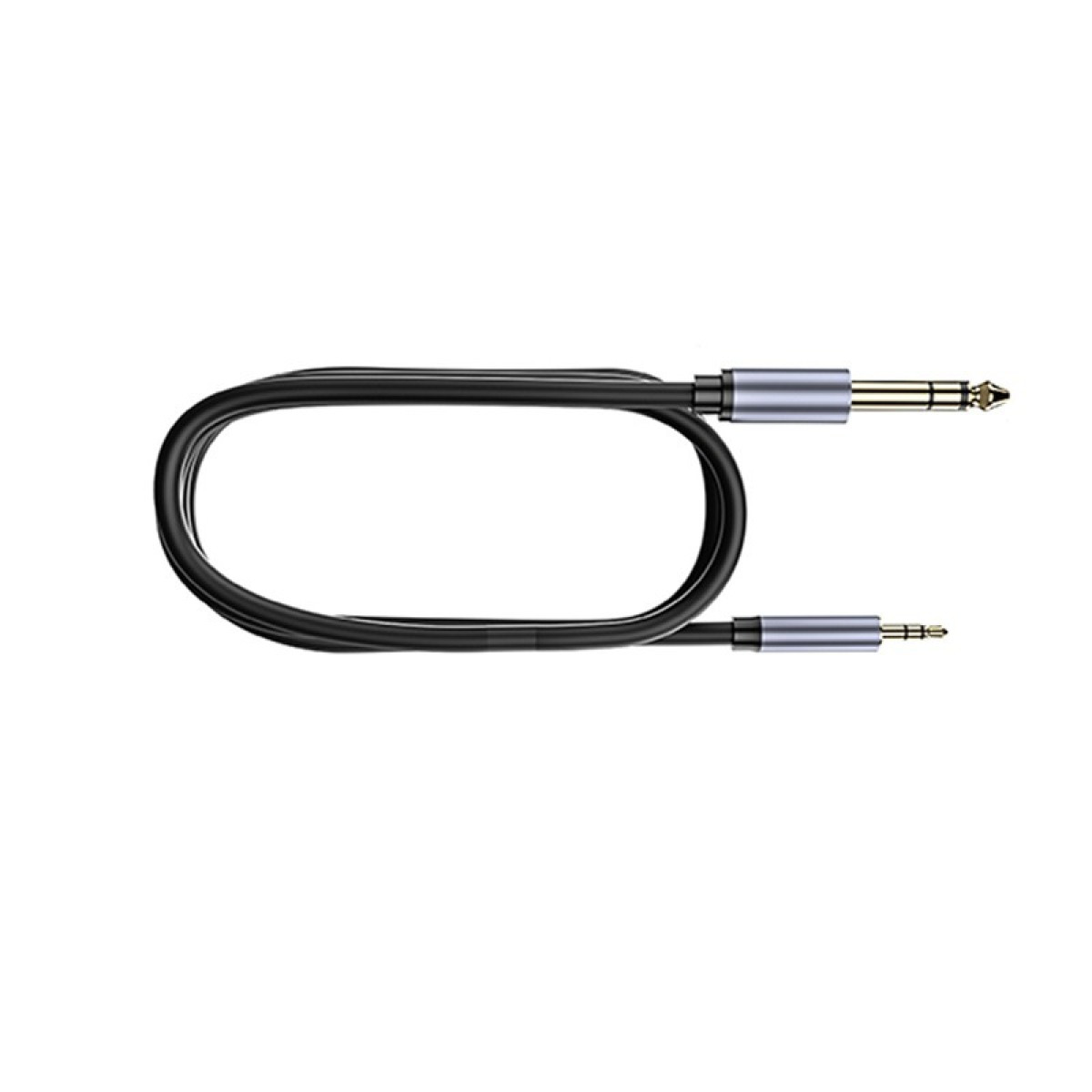 Ein schwarzes Audiokabel mit zwei goldenen Steckern und silbernen Hüllen.
