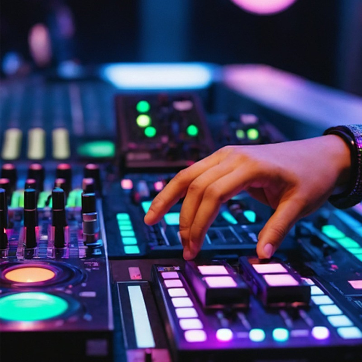 Eine Hand stellt Regler auf einem DJ-Mischpult mit bunten Lichtern ein.