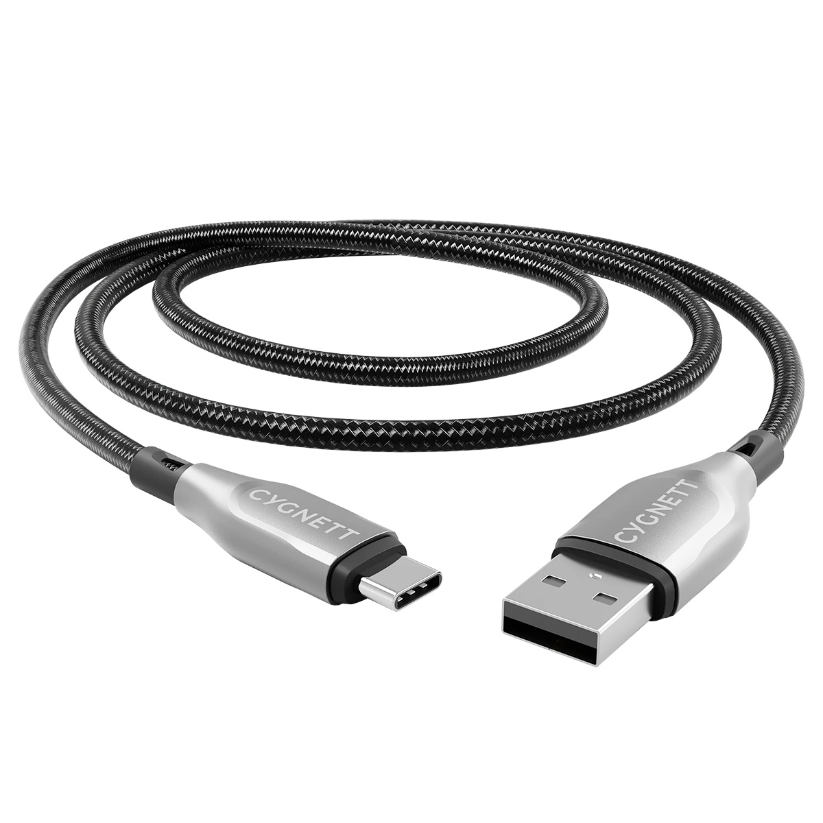 Cavo USB-C nero con connettori argentati, su sfondo bianco.
