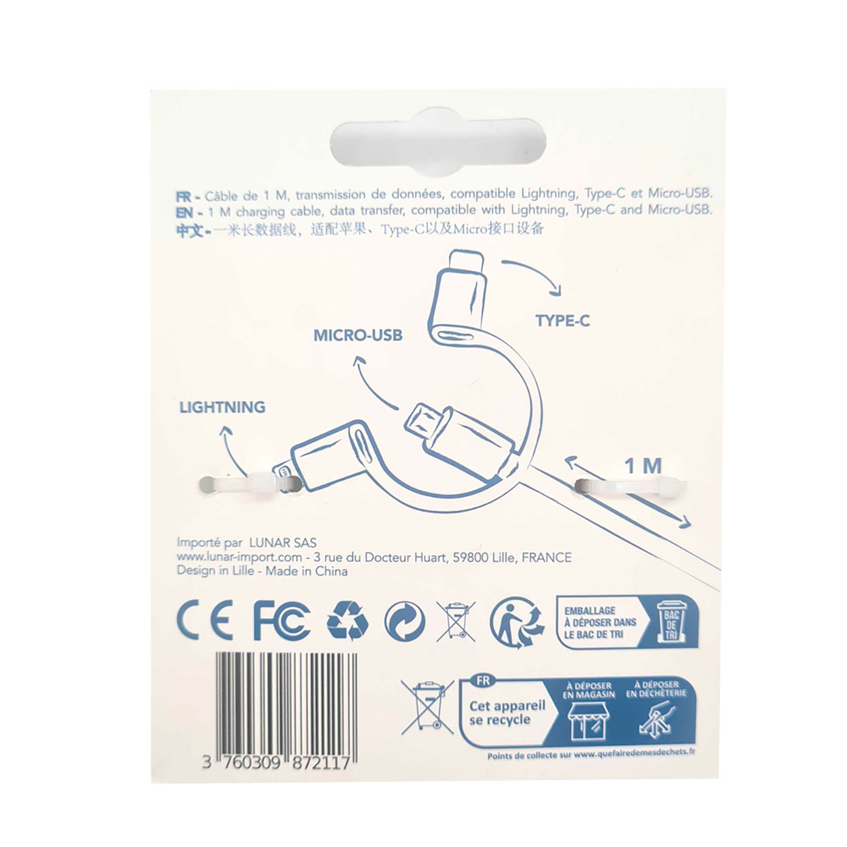 Cavo di ricarica da 1M con connettori Lightning, Type-C e Micro-USB.