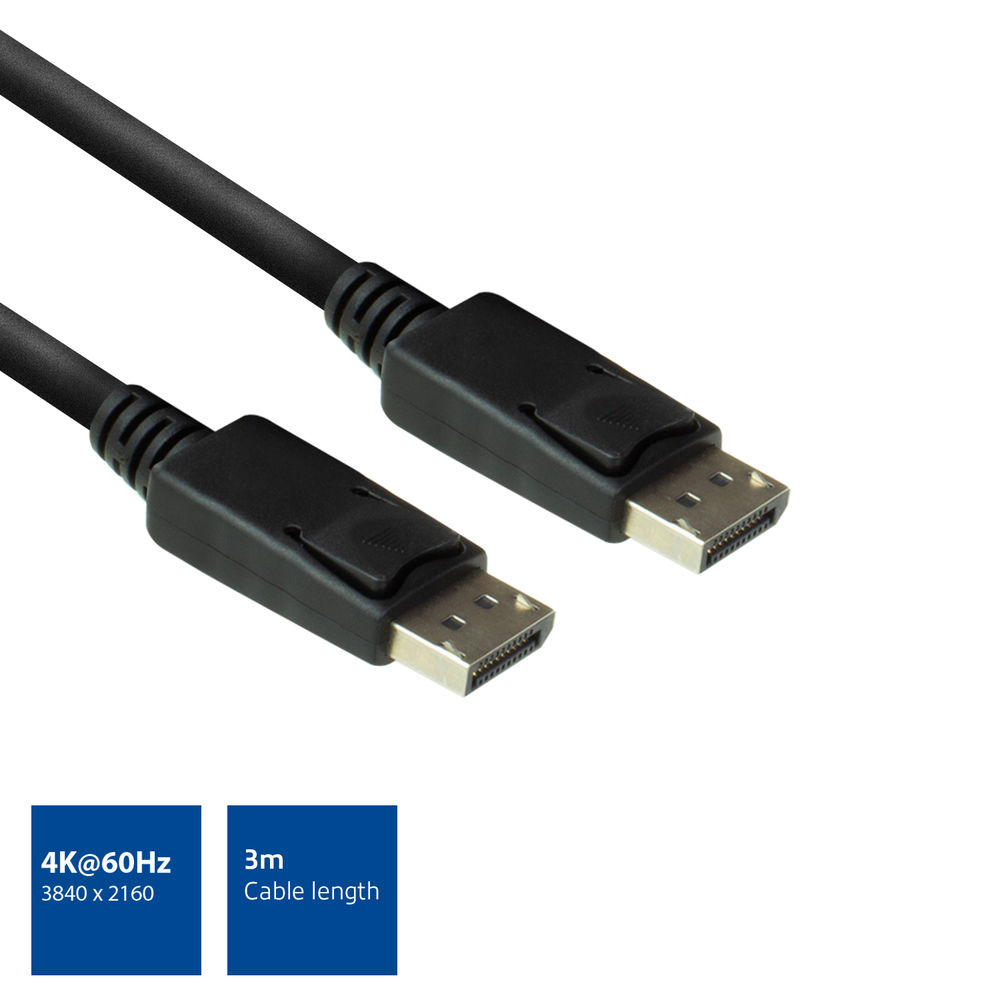 Ein schwarzes DisplayPort-Kabel mit zwei Anschlüssen, unterstützt 4K@60Hz, 3m Länge.