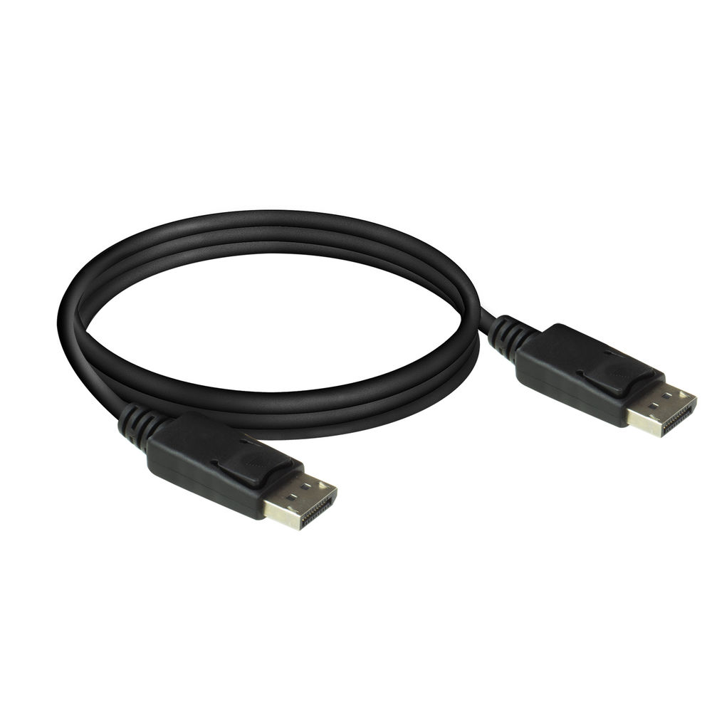 Ein schwarzes DisplayPort-Kabel mit zwei Anschlüssen auf weißem Hintergrund.