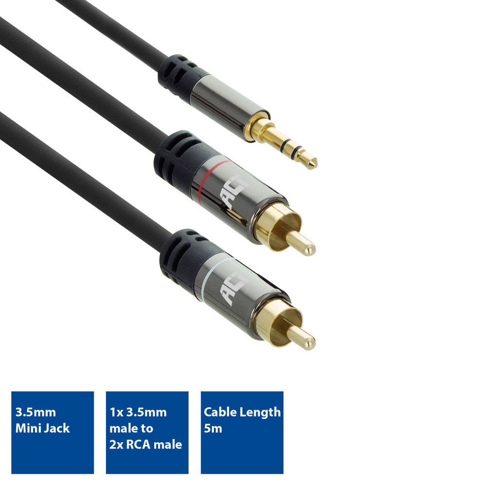 Drei Audiokabel: 3,5mm Klinke zu 2x Cinch-Stecker, 5m Länge.