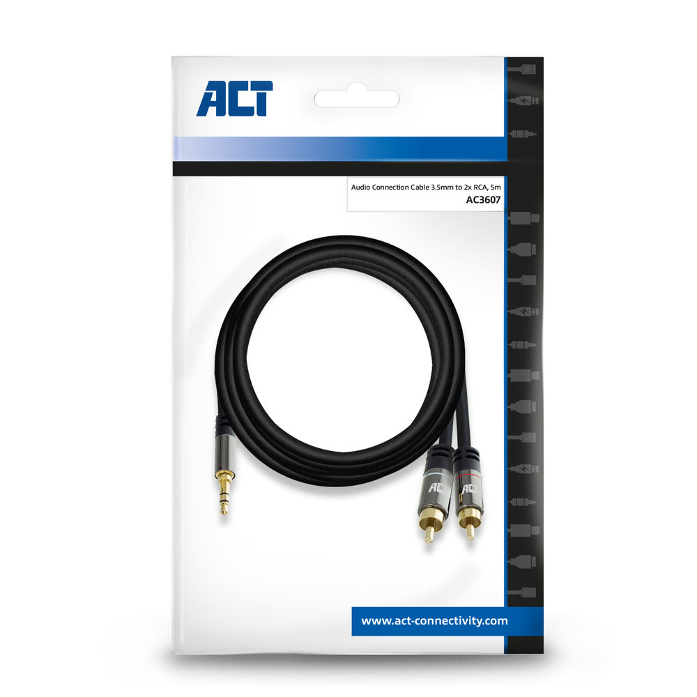 Schwarzes Audiokabel mit 3,5-mm-Klinken- und 2x-Cinch-Steckern auf Verpackung.