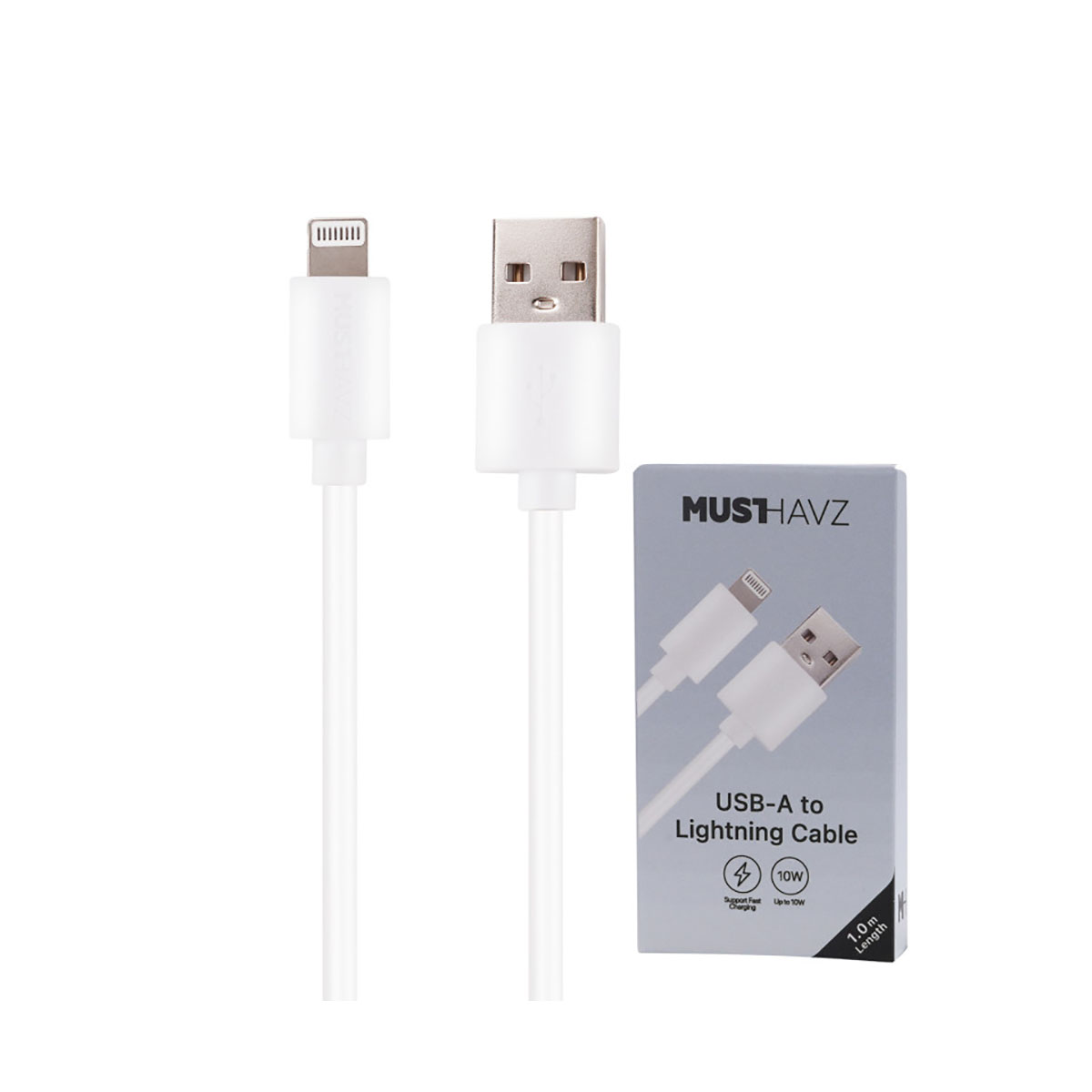 Câble USB-A vers Lightning blanc avec emballage montrant la charge rapide.