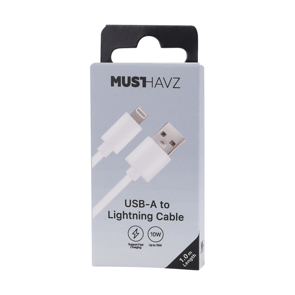 Emballage de câble blanc USB-A vers Lightning avec marque MUSTHAVZ, charge rapide 10W.