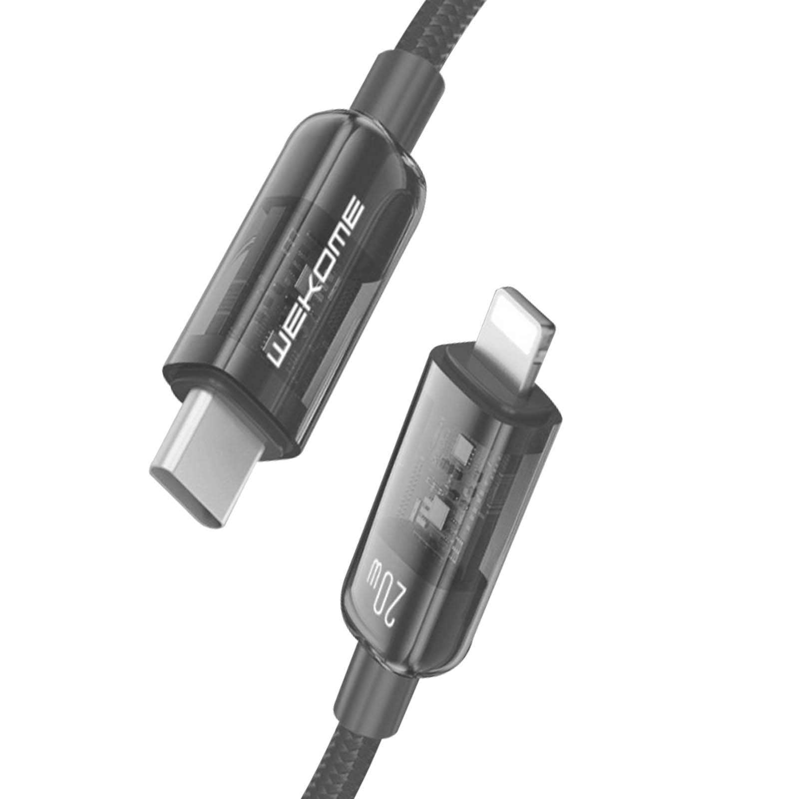Un câble USB-C et Lightning transparent avec fil noir tressé.