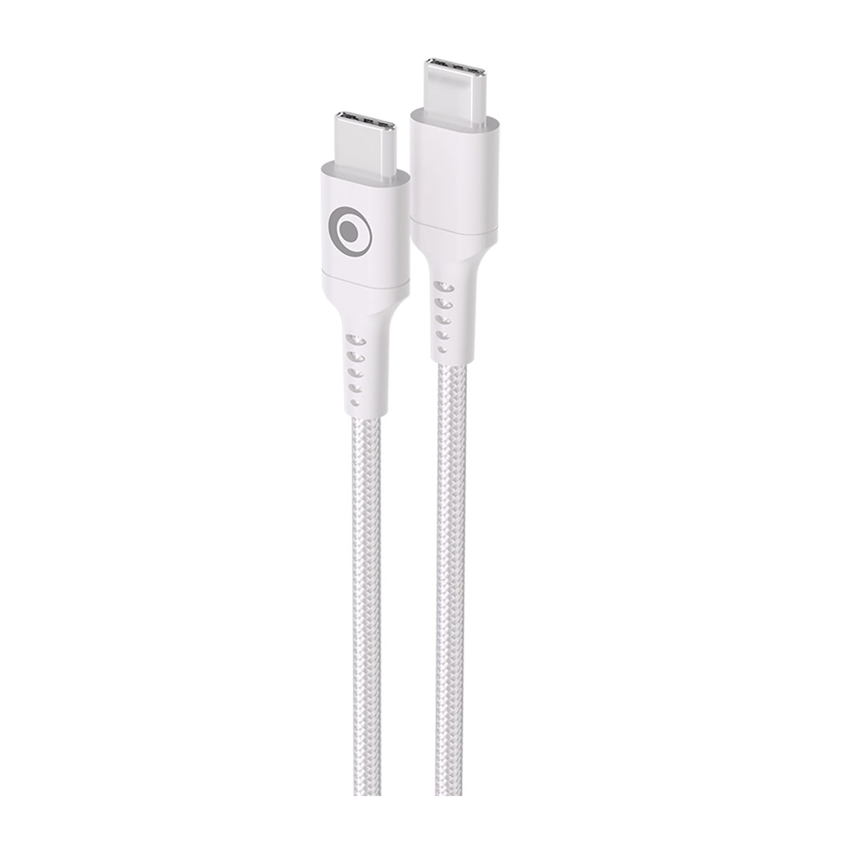 Due cavi USB-C bianchi con cavo intrecciato e connettori argentati.
