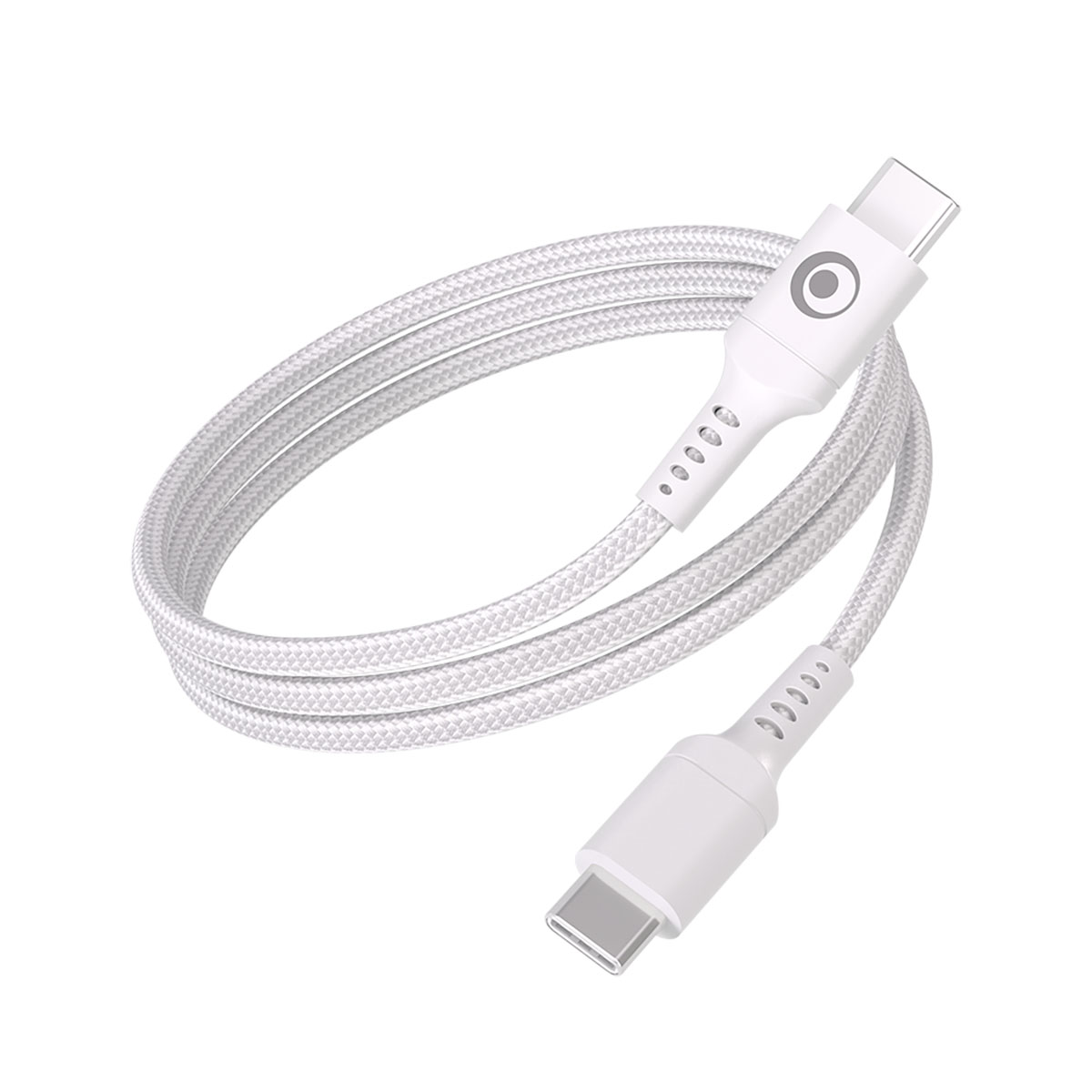 Un cavo USB-C bianco con guaina intrecciata e due connettori.