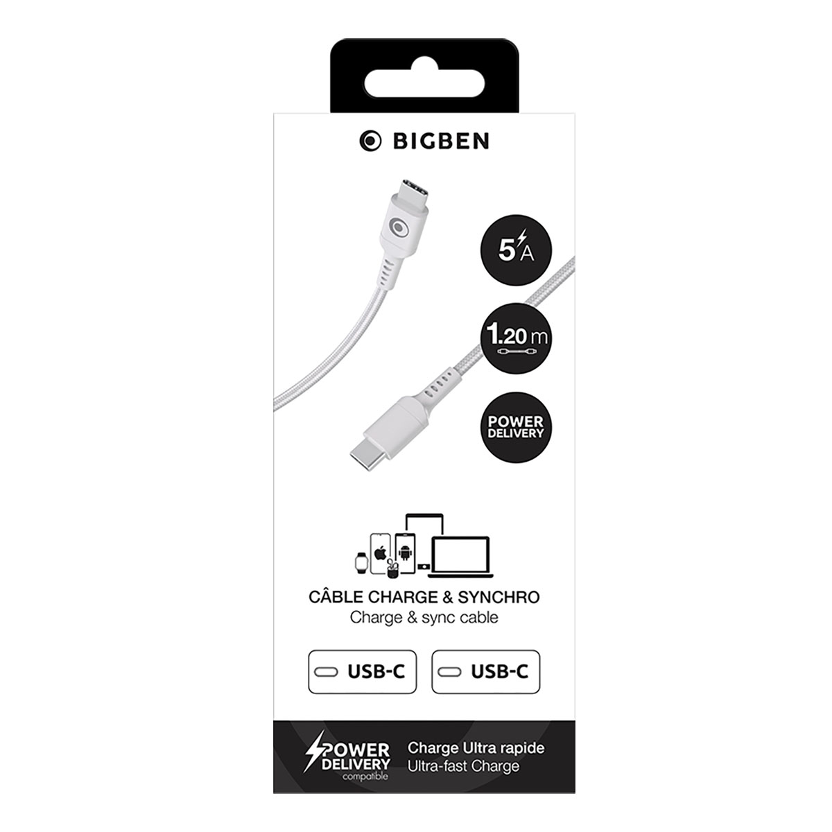 Cavo BIGBEN da USB-C a USB-C, 1,20m, 5A, compatibile Power Delivery.