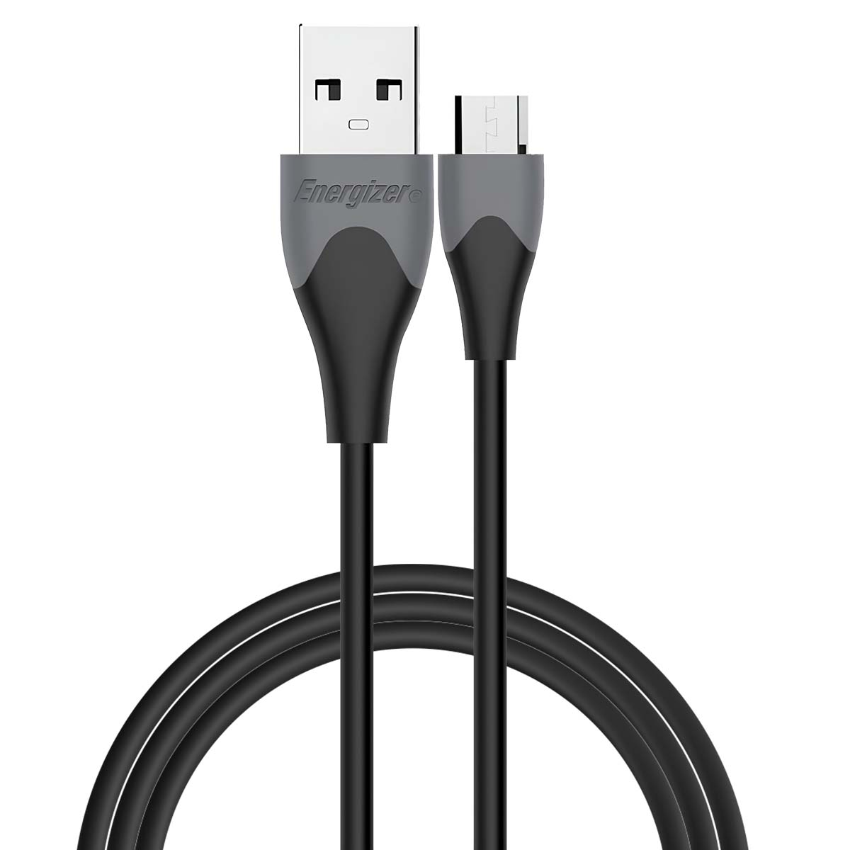 Cavo nero Energizer da USB a Micro USB con connettori grigi, arrotolato su bianco.