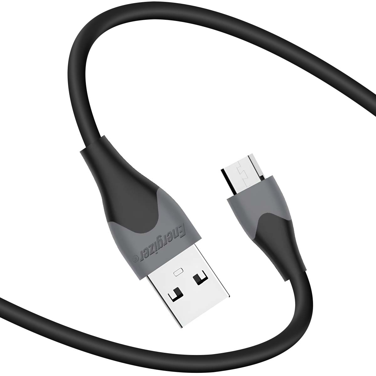 Cavo Energizer USB a Micro USB nero con connettori grigi su sfondo bianco.