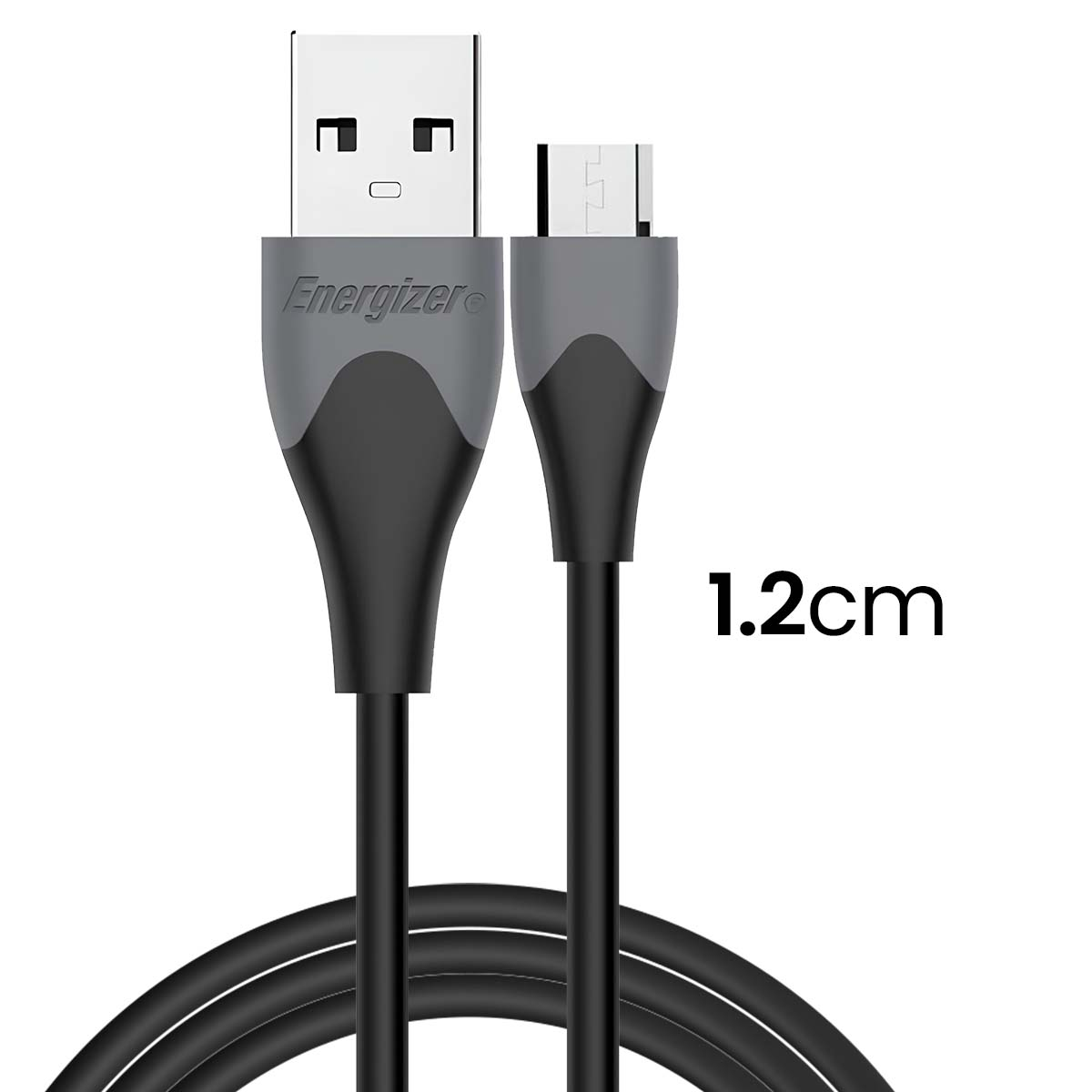 Cavo USB-A Micro USB Energizer nero con accenti grigi. Lunghezza 1,2 cm.