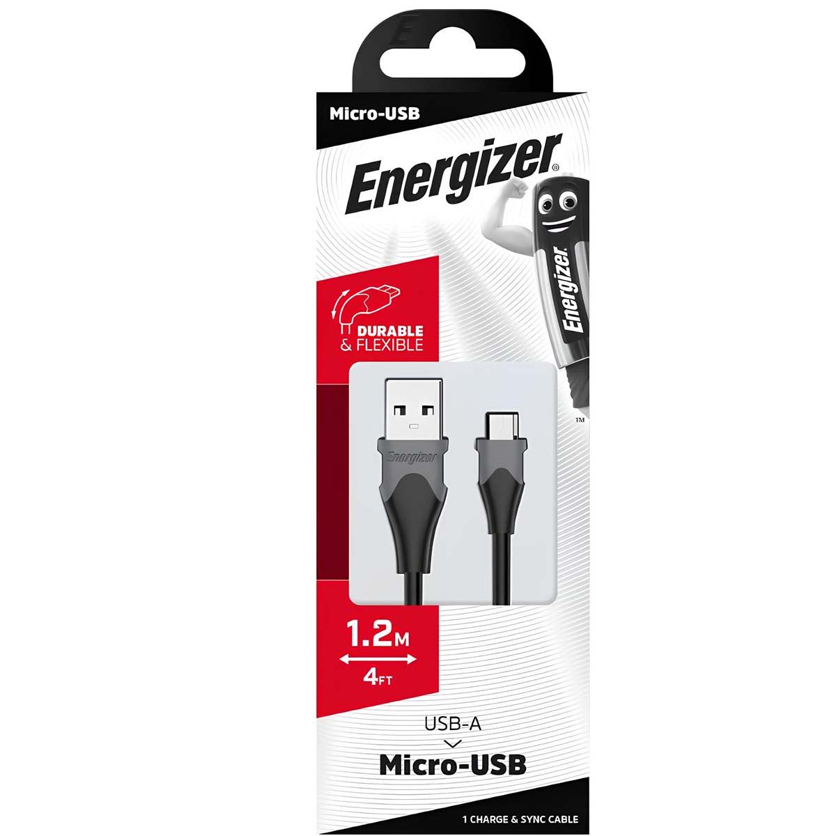 Confezione cavo Micro-USB Energizer con personaggio batteria a cartone animato e cavo.