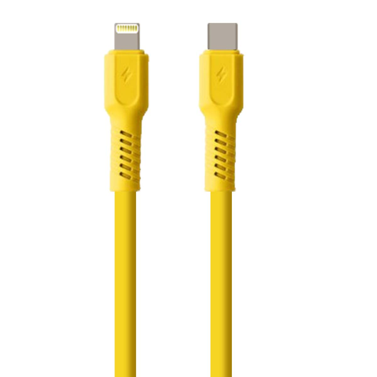 Deux câbles de chargement jaunes, un avec connecteur Lightning, l'autre avec USB-C.