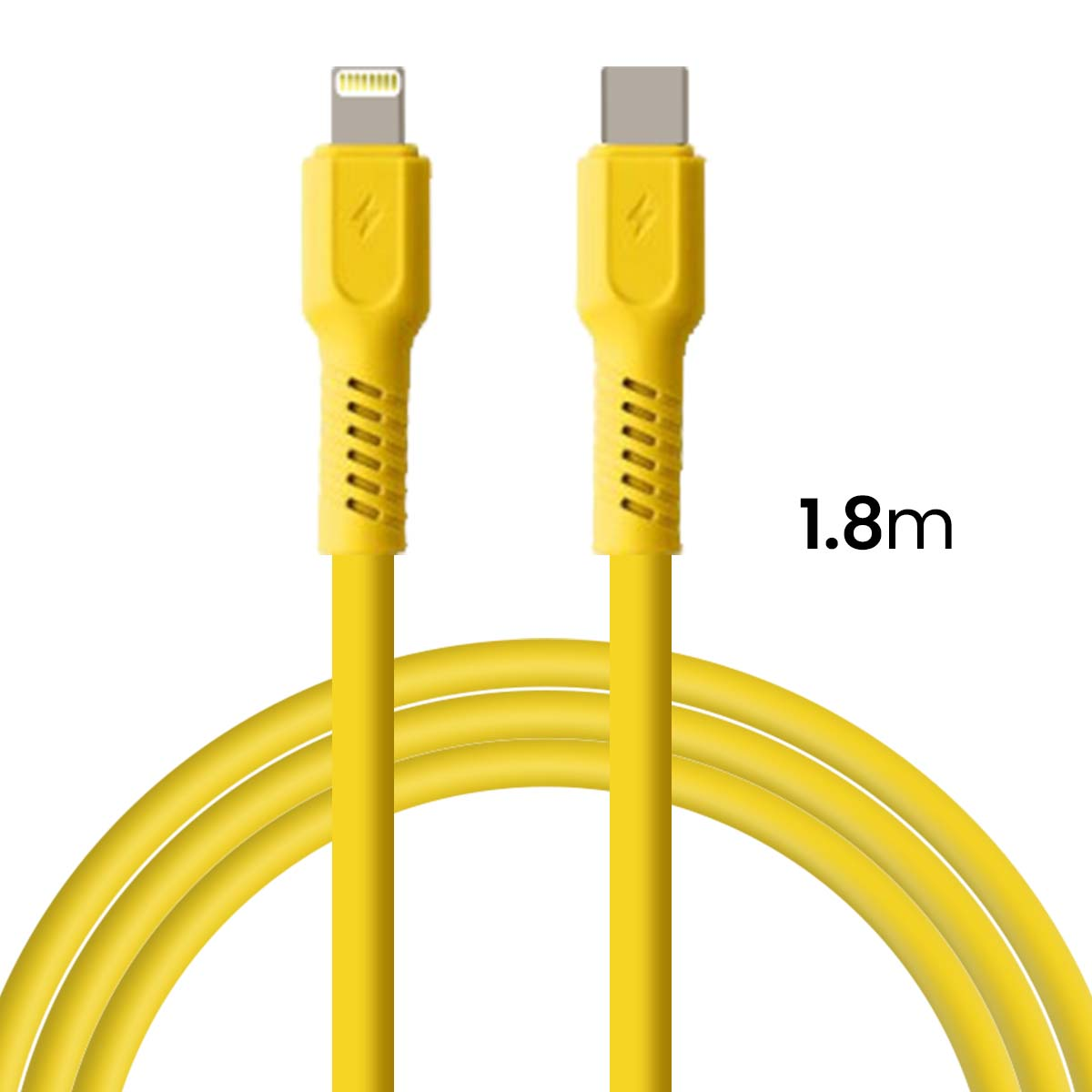Câble jaune de 1,8m avec connecteurs USB-C et Lightning.
