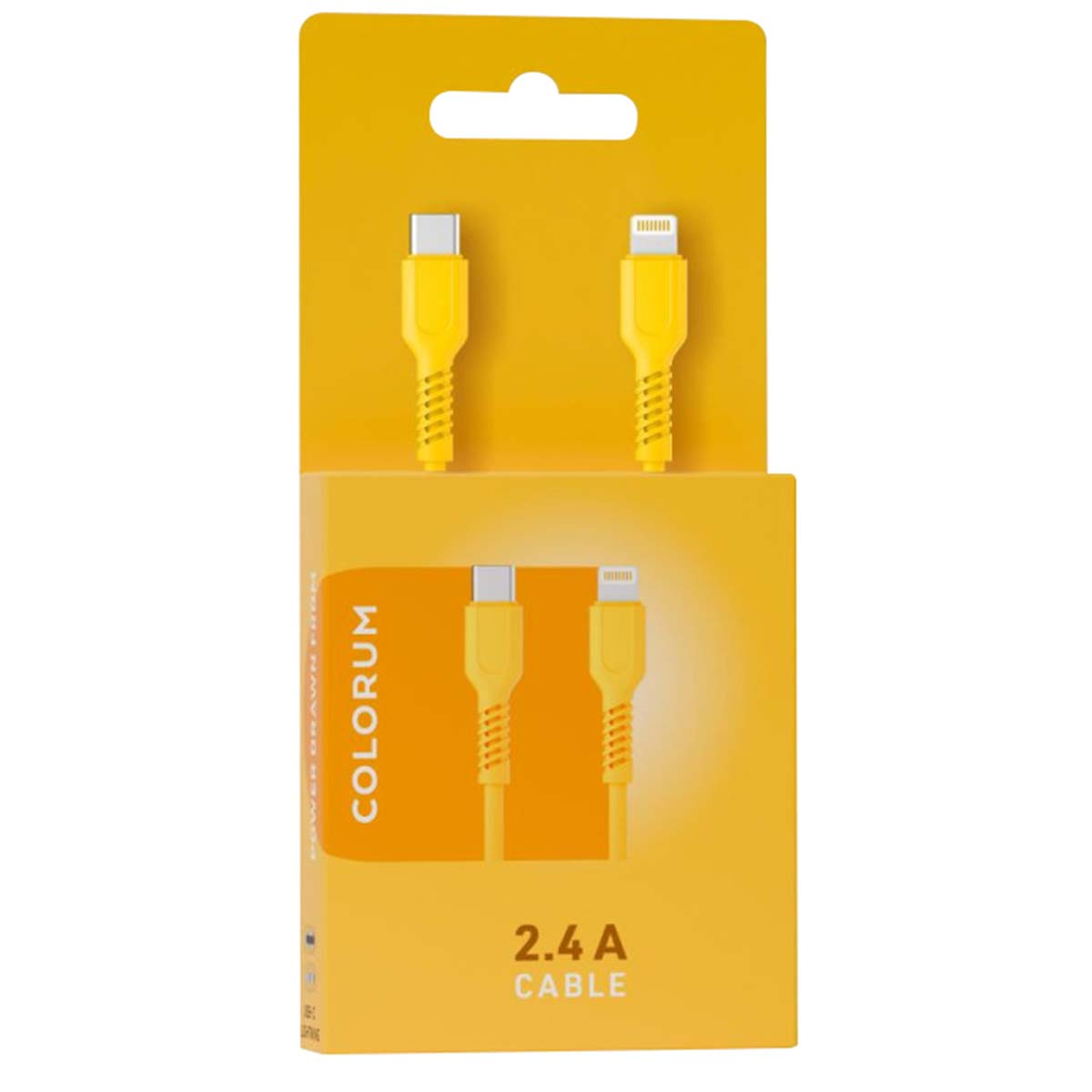 Emballage jaune avec deux câbles USB-C et Lightning jaunes.