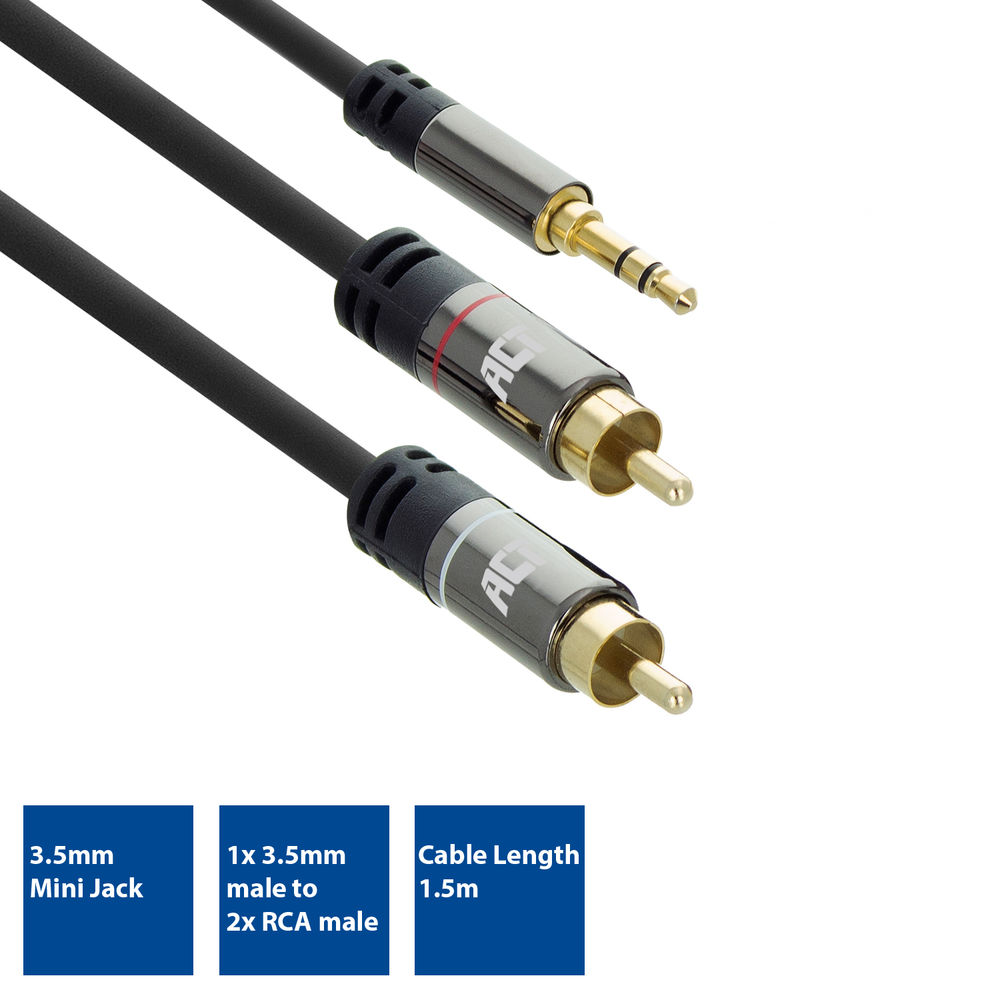 Schwarzes Audiokabel mit 3,5-mm-Klinke zu 2x Cinch-Anschlüssen. 1,5 m Länge.