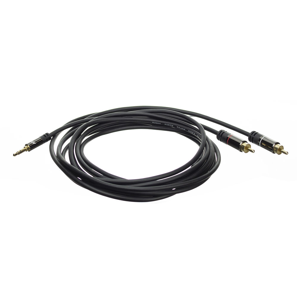 Schwarzes Audiokabel mit 3,5-mm-Stecker und zwei Cinch-Steckern.