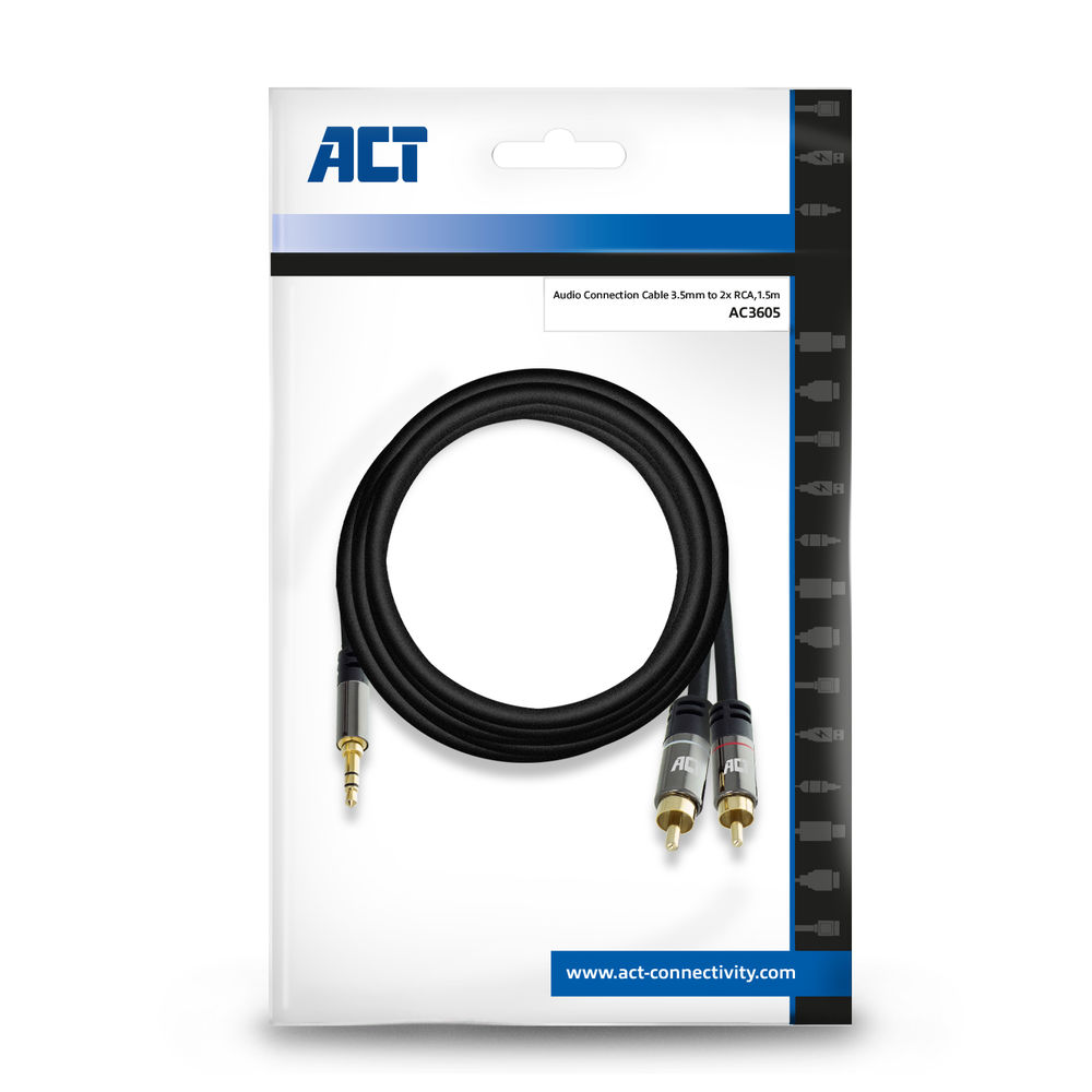 ACT Audiokabel: 3,5mm auf 2x Cinch, 1,5m. Schwarzes Kabel mit Goldsteckern.