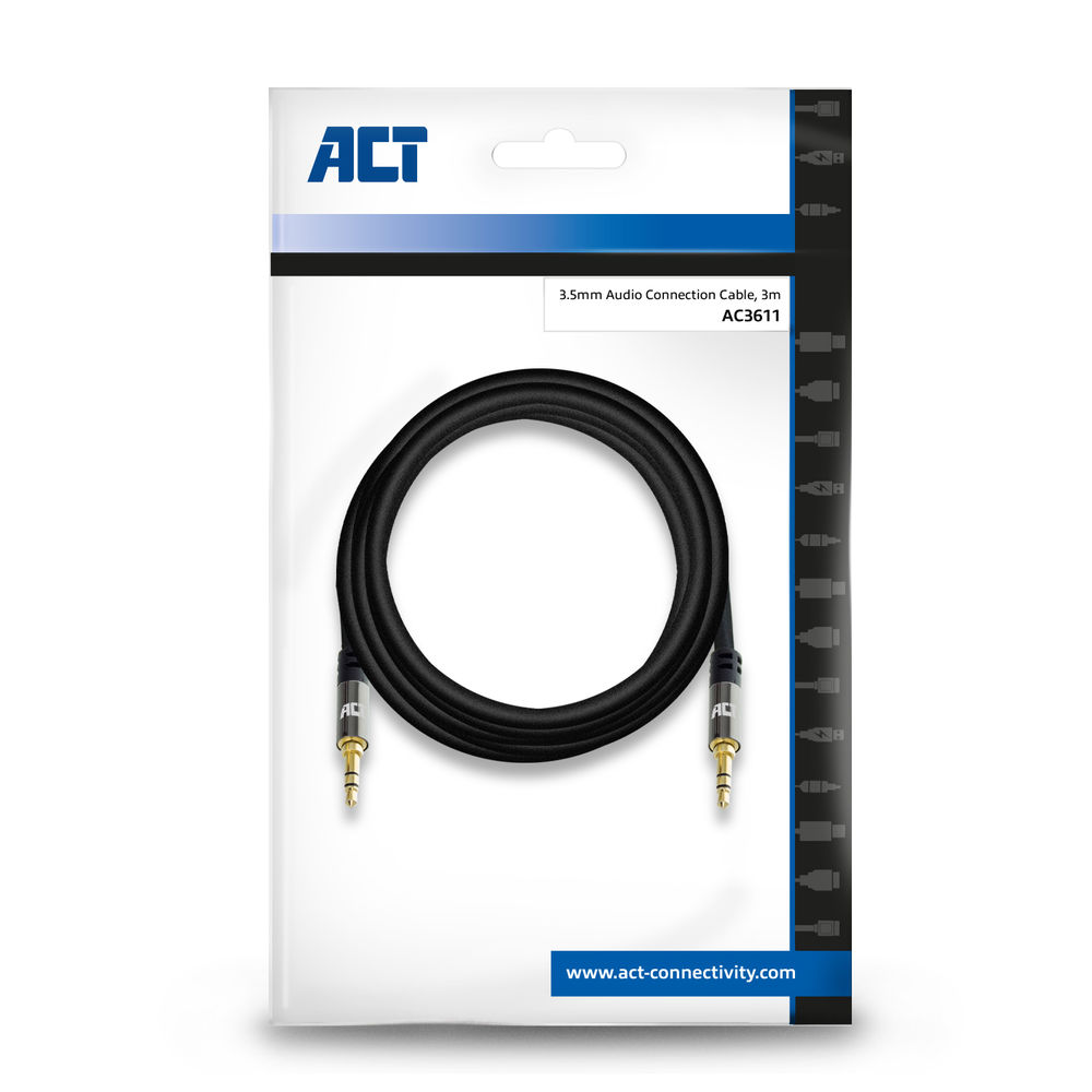 Schwarzes 3,5-mm-Audiokabel mit 3 Steckern, verpackt in einer ACT-Verpackung.