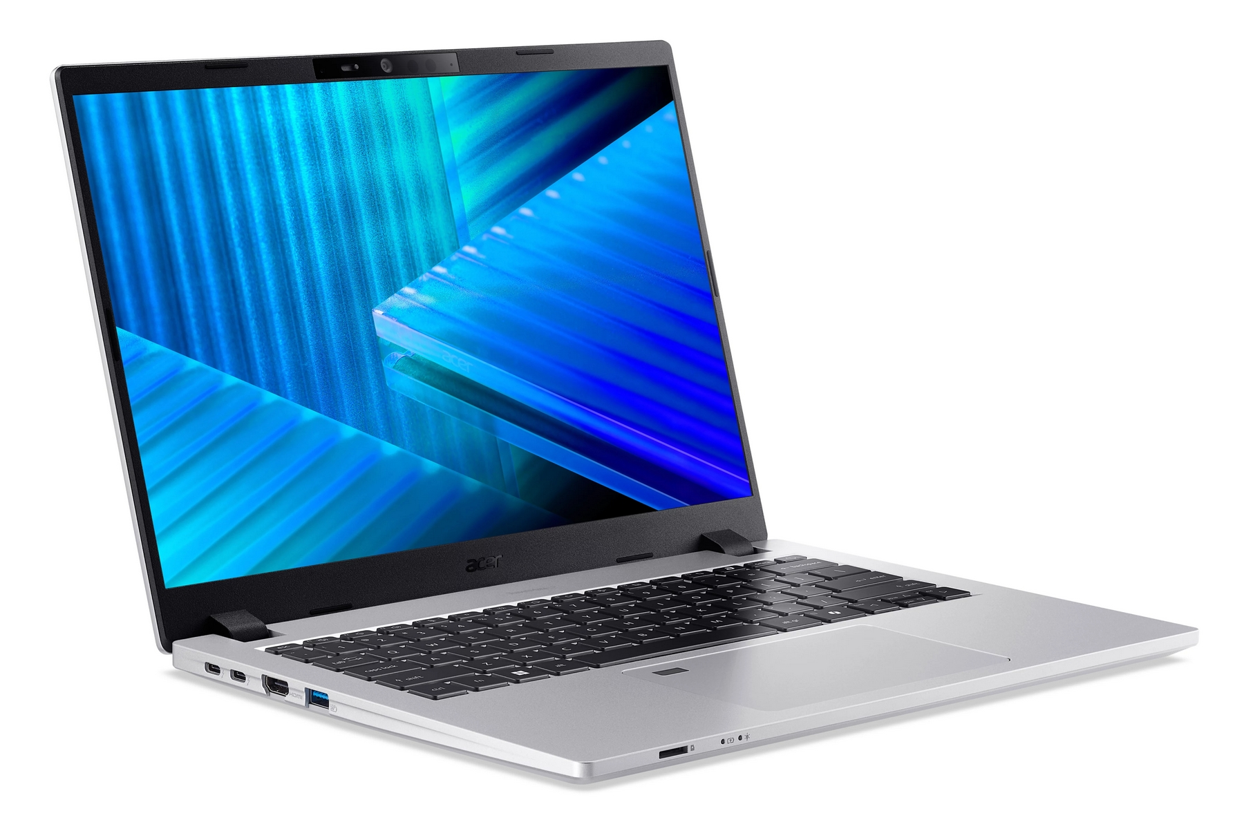 Laptop Acer argento con sfondo astratto blu sullo schermo, sfondo bianco.
