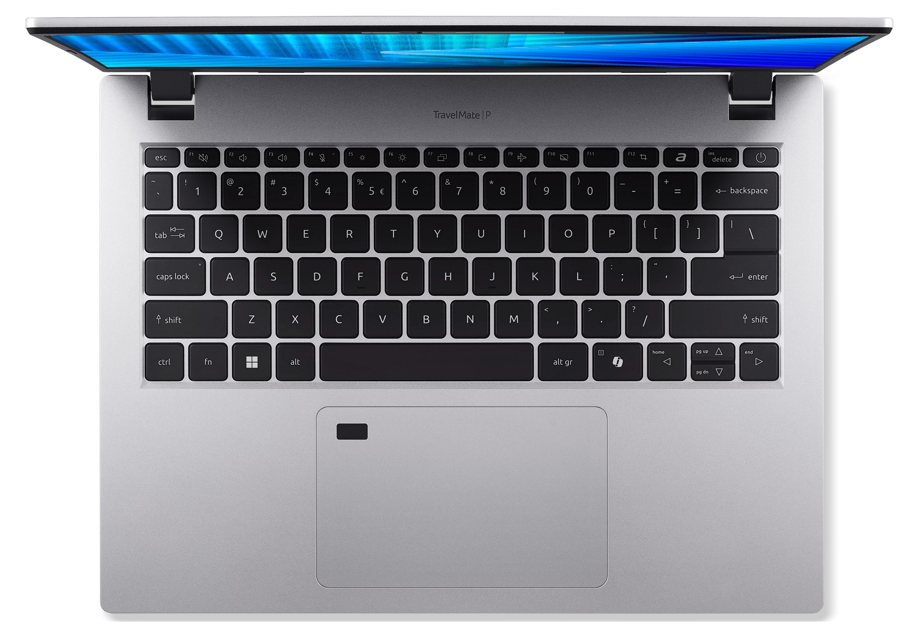 Vista dall'alto di un laptop argento aperto, tastiera e schermo con motivo blu.