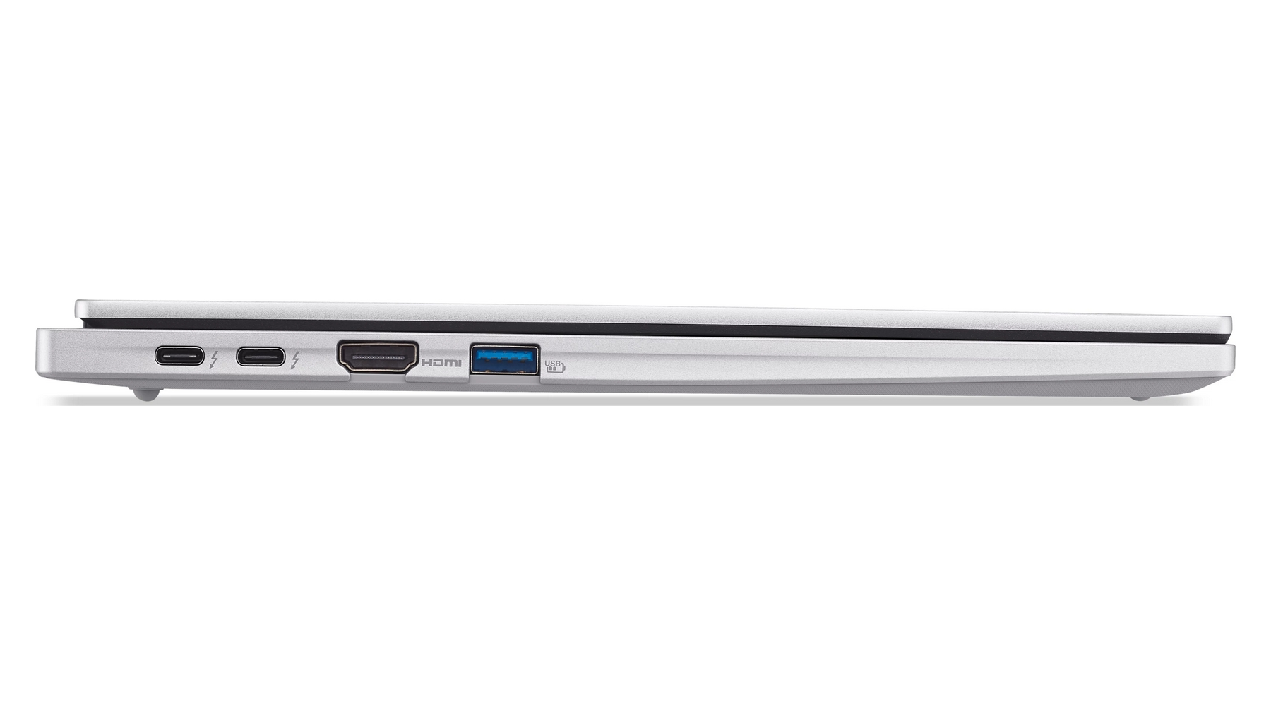 Vista laterale del laptop argento che mostra due porte USB-C, una porta HDMI e una porta USB-A.