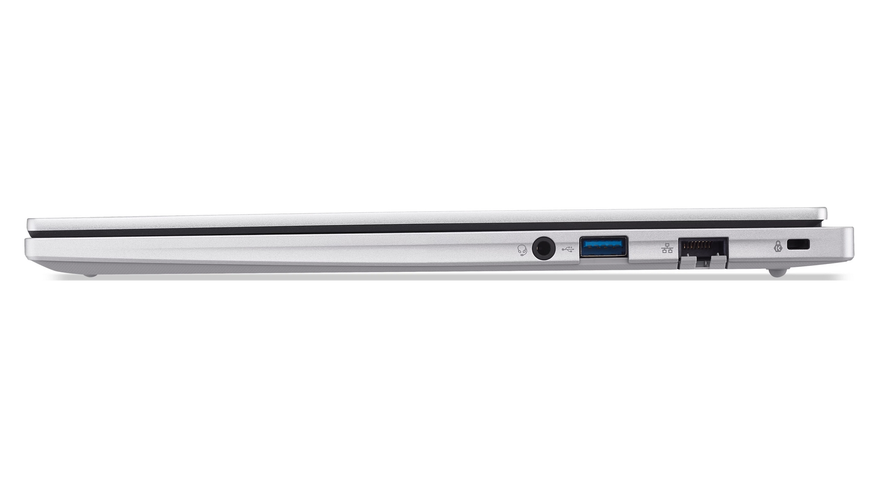 Vista laterale di un laptop argento con porte USB, cuffie ed Ethernet.