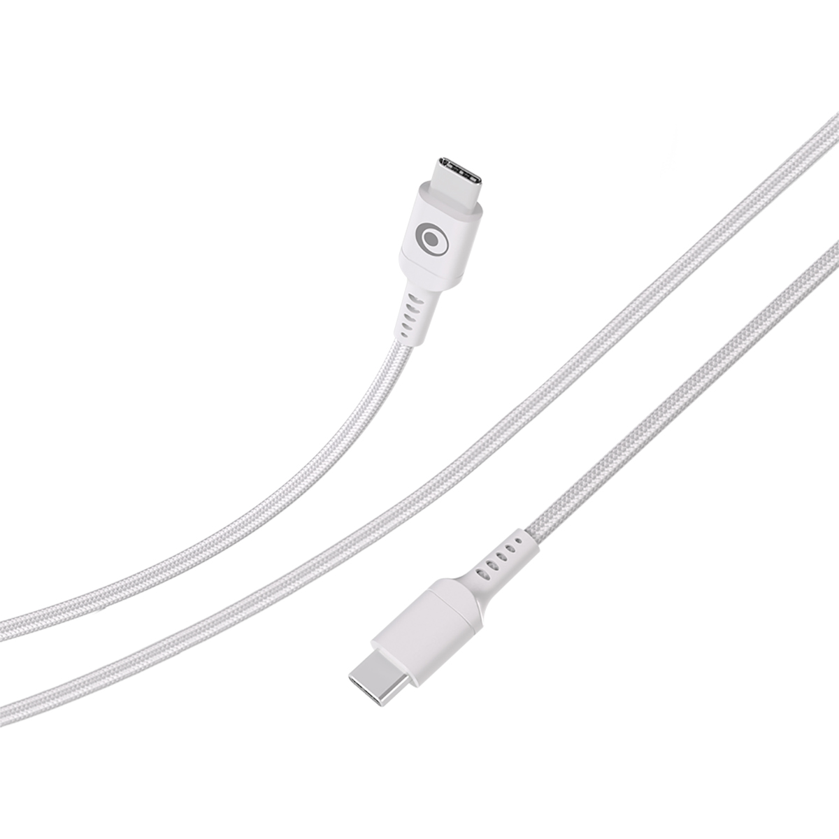 Un cavo USB-C bianco con cordone intrecciato e due connettori USB-C. Un connettore ha un logo.