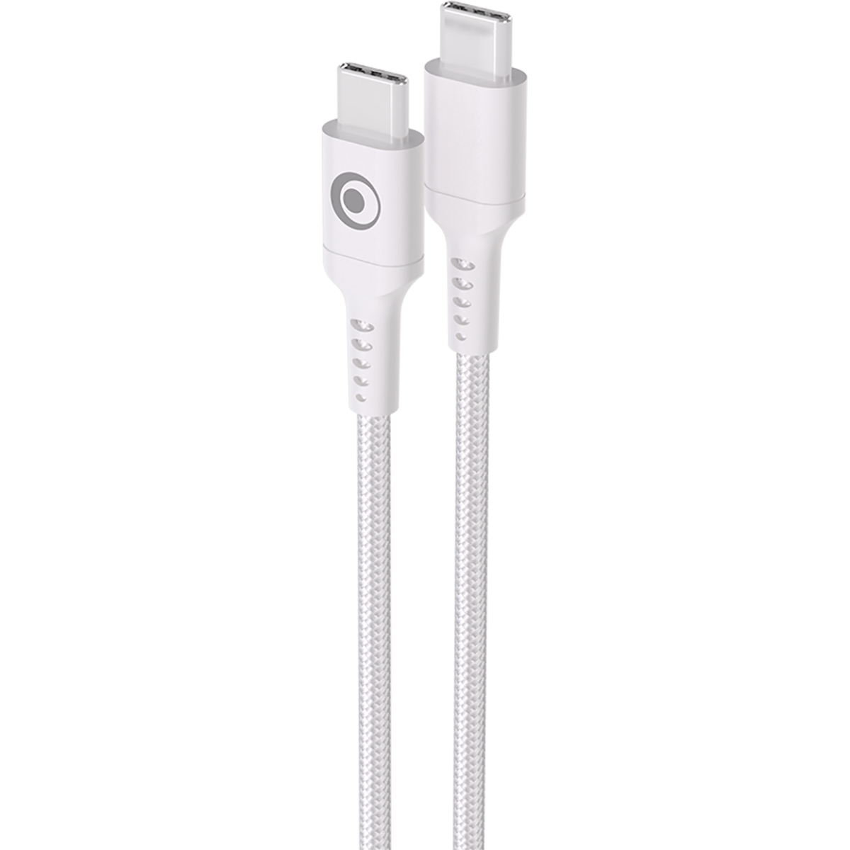 Vengono mostrati due cavi USB-C bianchi con cordoni intrecciati e connettori argentati.