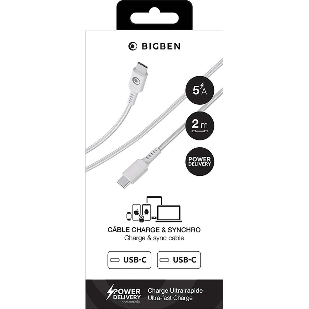 Cavo Bigben da USB-C a USB-C, 2m, 5A, Power Delivery, per carica e sincronizzazione.