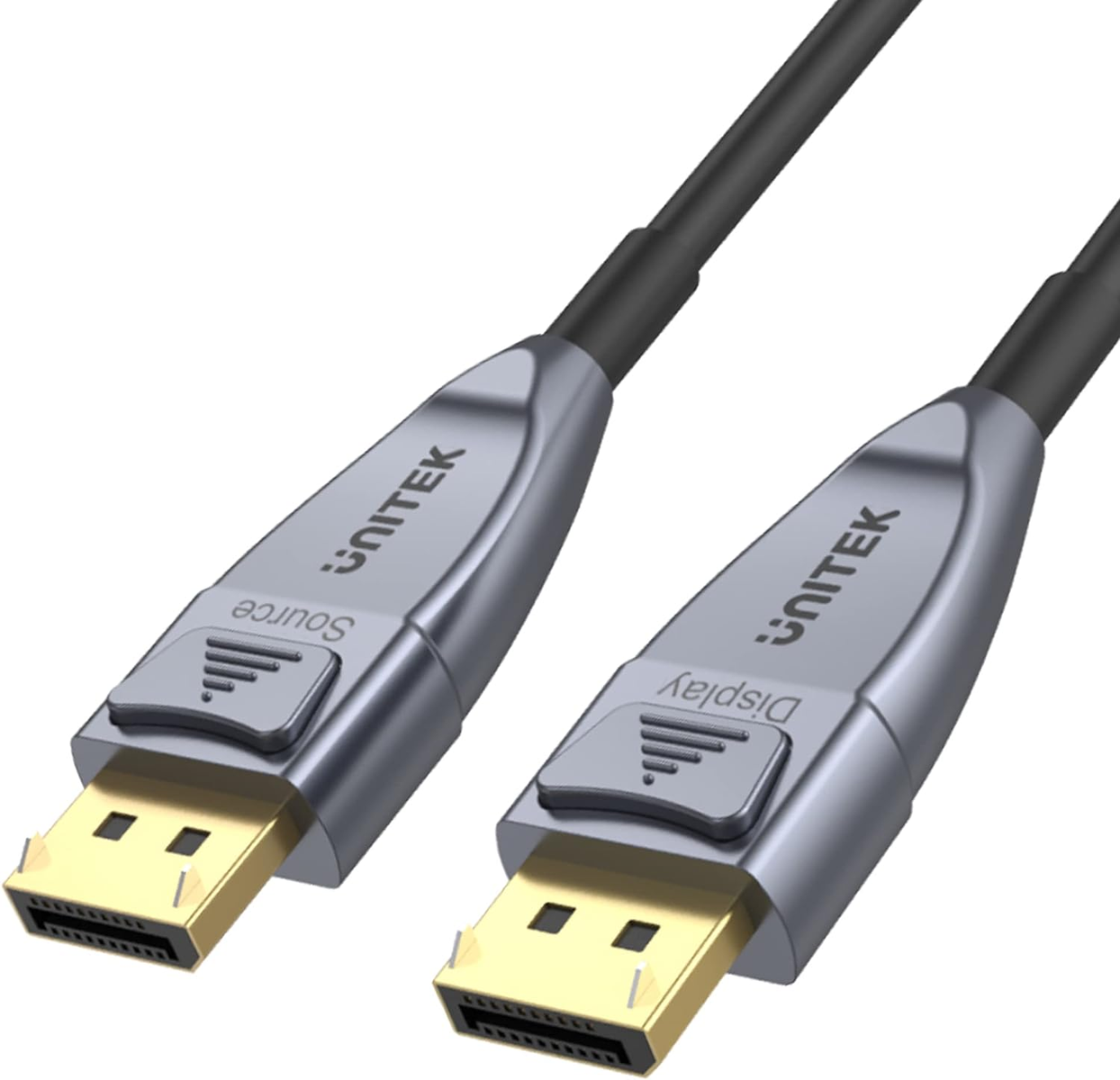 Zwei UNITEK DisplayPort-Kabel mit vergoldeten Steckern, beschriftet mit Source und Display.