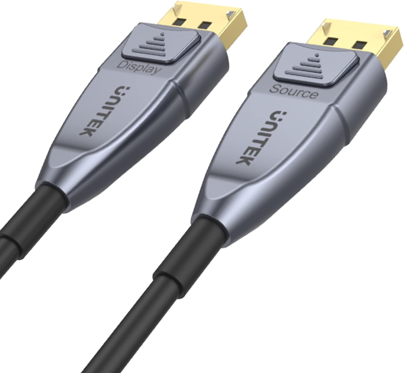 Zwei DisplayPort-Kabel mit goldenen Steckern und schwarzen Kabeln.
