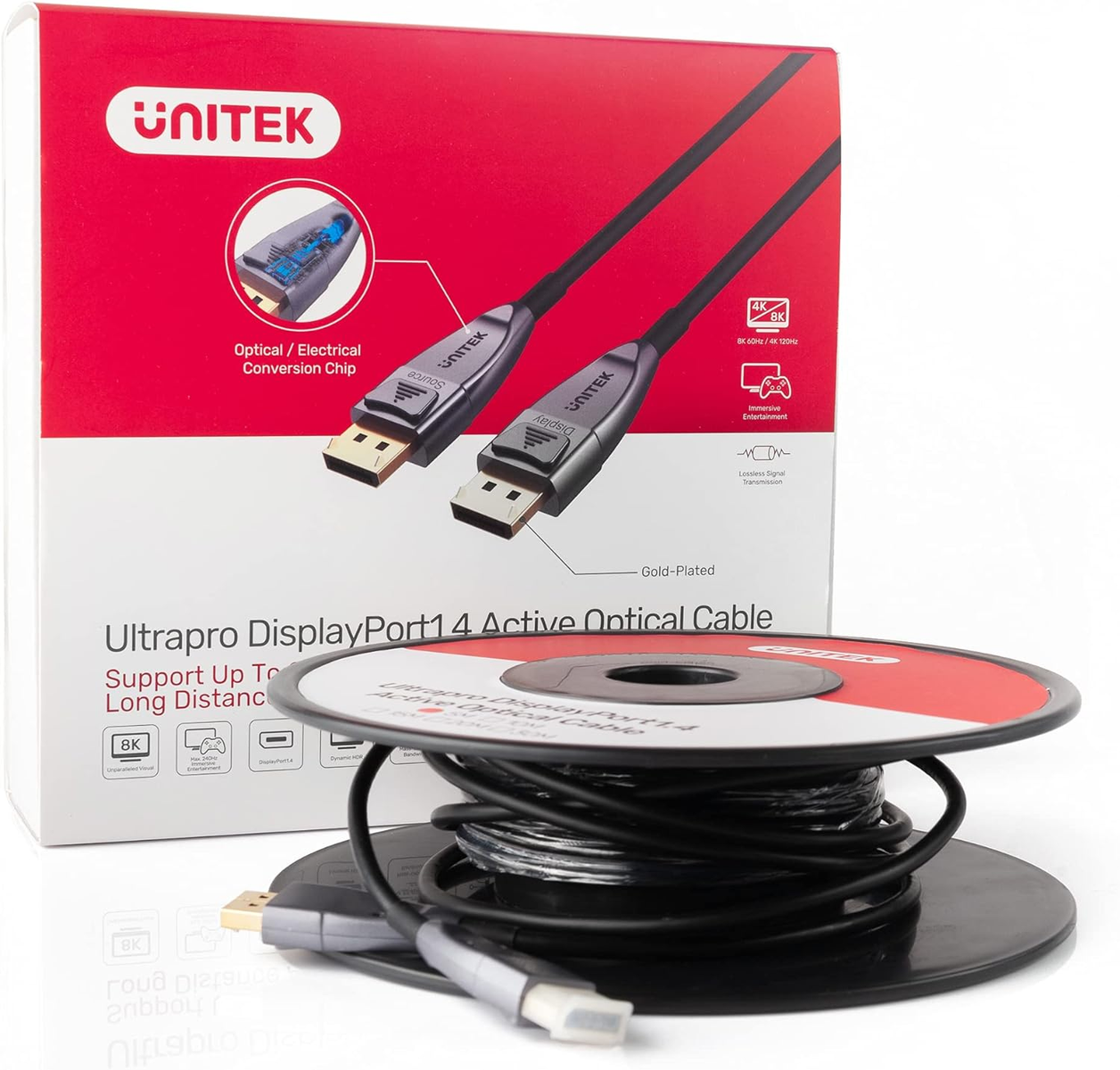 Unitek Ultrapro DisplayPort 1.4 aktives optisches Kabel auf einer Spule, mit Verpackung.