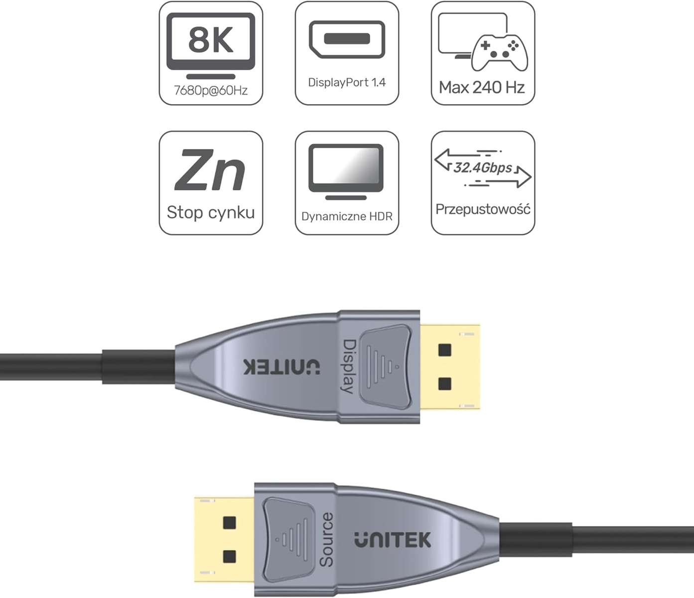 DisplayPort-Kabel mit 8K, 7680p@60Hz, DP 1.4, 240Hz, Zinklegierung, HDR.