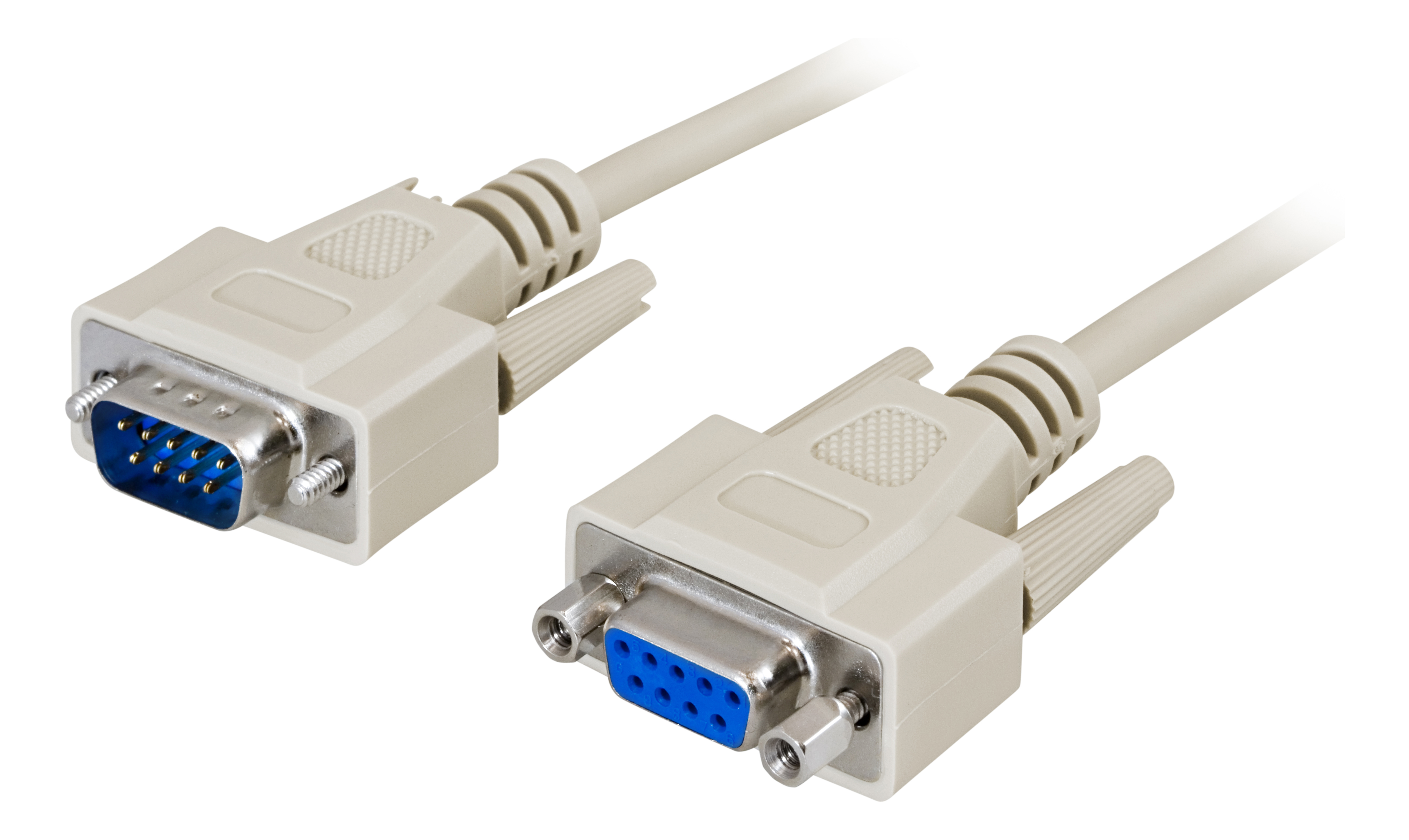 Zwei weiße VGA-Kabelstecker mit blauen Buchsen und Schrauben.