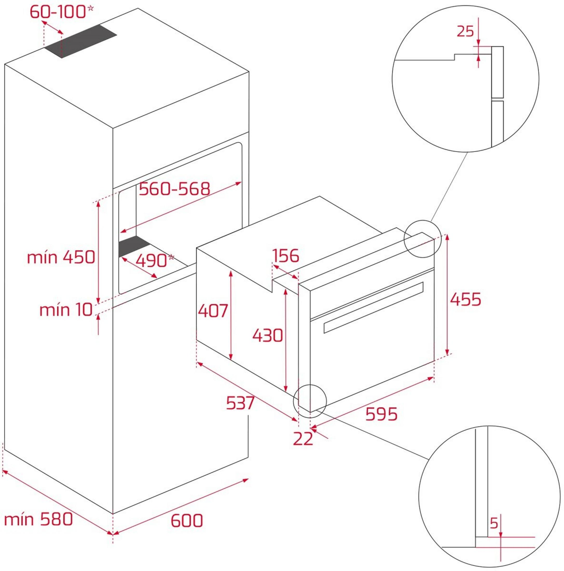 Rysunek techniczny piekarnika do zabudowy z wymiarami i detalami.